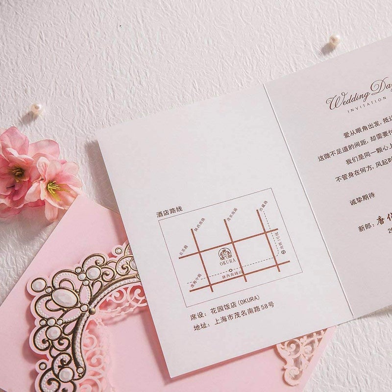 Hosmsua 50PCS Blank Pink Quinceanera Invitations Kit 5x7.3 Inch Laser Cut Floral Gold Crown Pocket Quinceanera Invitation Cards with Envelopes for Birthday Bridal Shower Invite - Image 3
